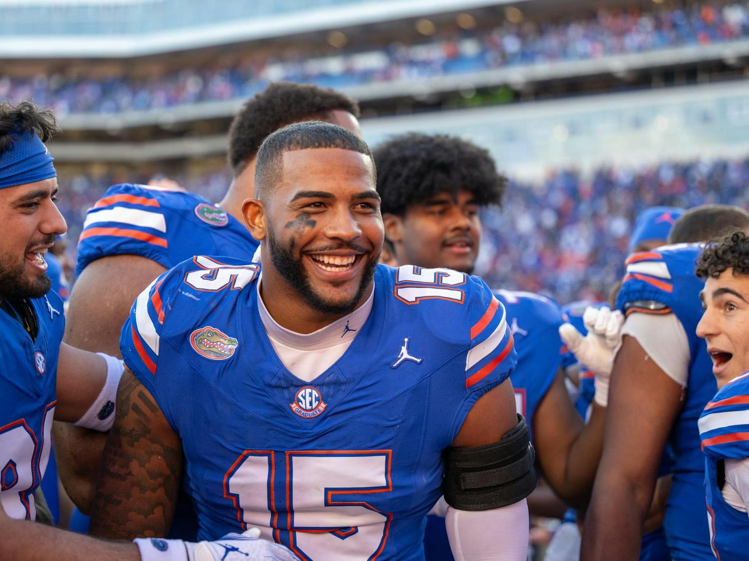 Florida Gators linebacker Derek Wingo celebrates after Florida's Senior Day victory against Ole Miss on Nov. 23, 2024.