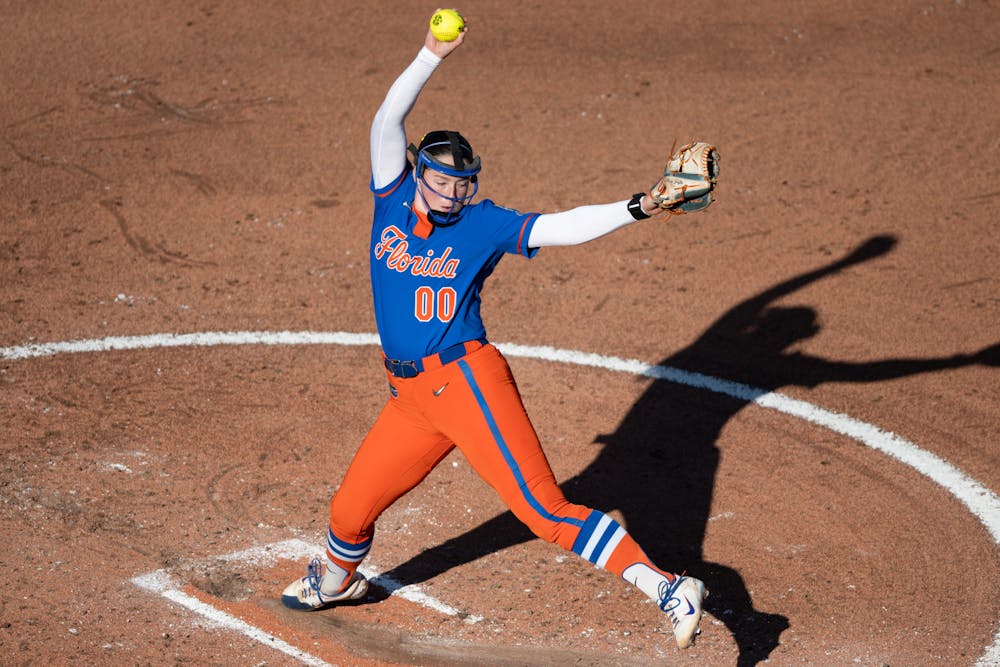 Florida Gators pitcher Ava Brown (00) throws a pitch during the fifth game of the NCAA Women’s College World Series vs. the Tennessee Lady Volunteers on Friday, May 30, 2025, at Devon Park in Oklahoma City, Oklahoma.