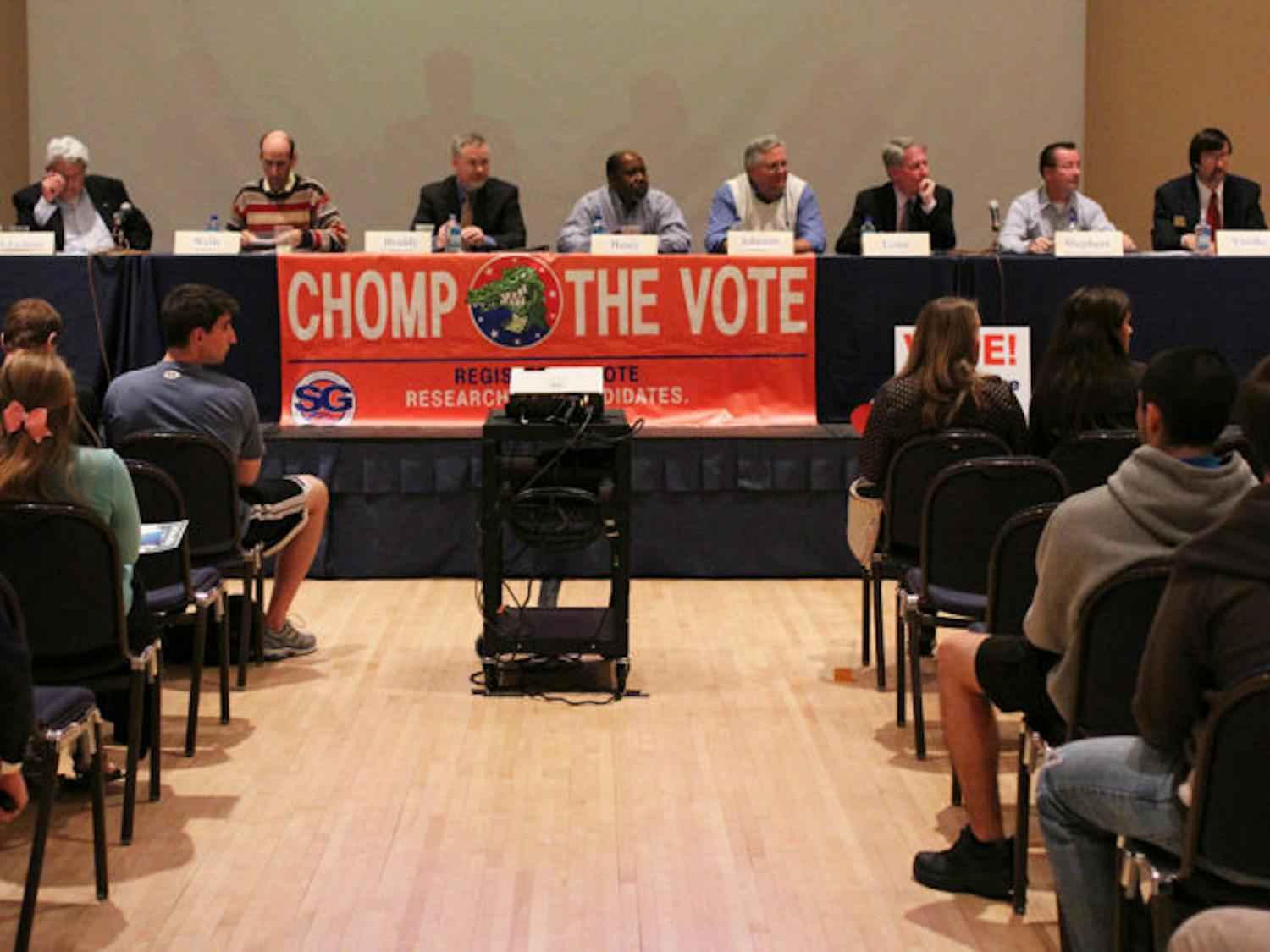 Mayor and City Commission candidates speak to students at the Chomp the Vote forum Wednesday evening at the Reitz Union.