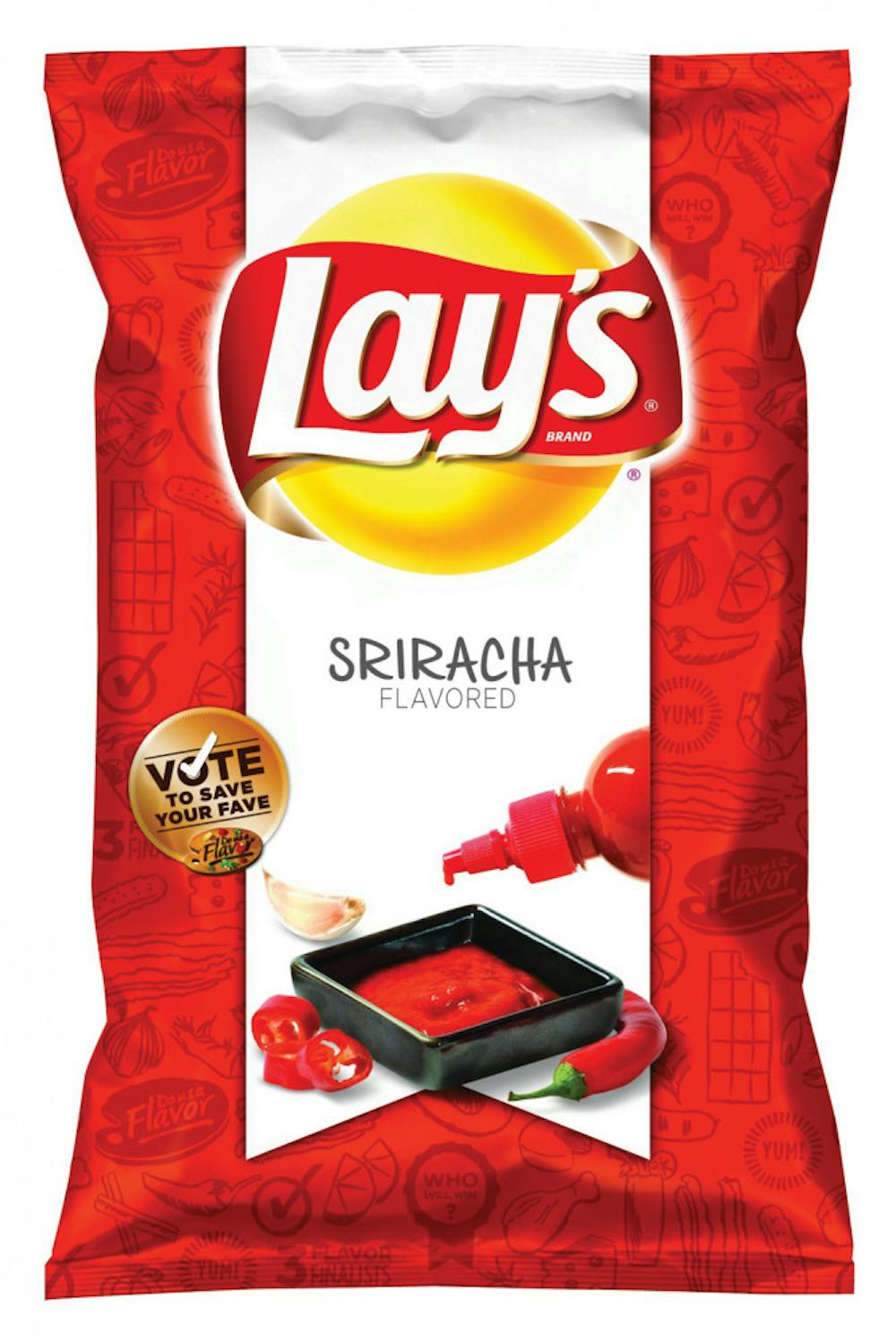 <p>This product photo provided by Lay's shows a bag of their Thai-inspired Sriracha flavored potato chips. The new flavor, along with two others - Cheesy Garlic Bread and Chicken &amp; Waffles - will be sold at retailers nationwide starting in mid-February 2013. After trying them, fans have until May to vote for their favorite. The flavor with the most votes in May will stay on store shelves. The other two will be discontinued. (AP Photo/Lay's)</p>