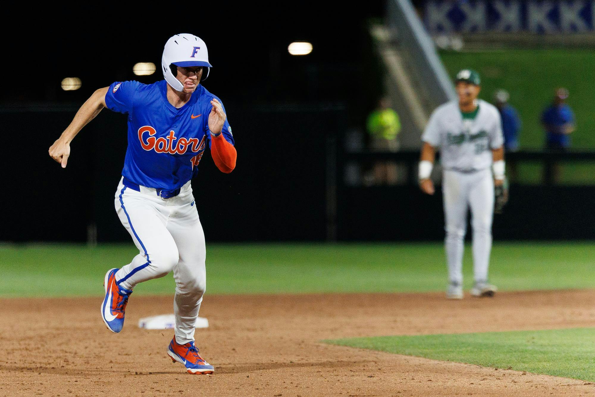 Florida outfielder Hayden Yost (16) runs to third base during an NCAA baseball game against Jacksonville University, Tuesday, March 31, 2026, in Gainesville, Fla.