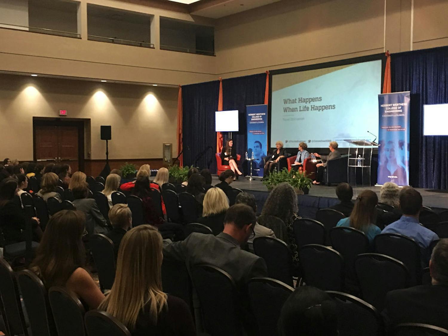 Attendees gather to listen to a panel of technology executives at the UF College of Engineering's “Powered to Lead” event at the Reitz Union Grand Ballroom on Tuesday.