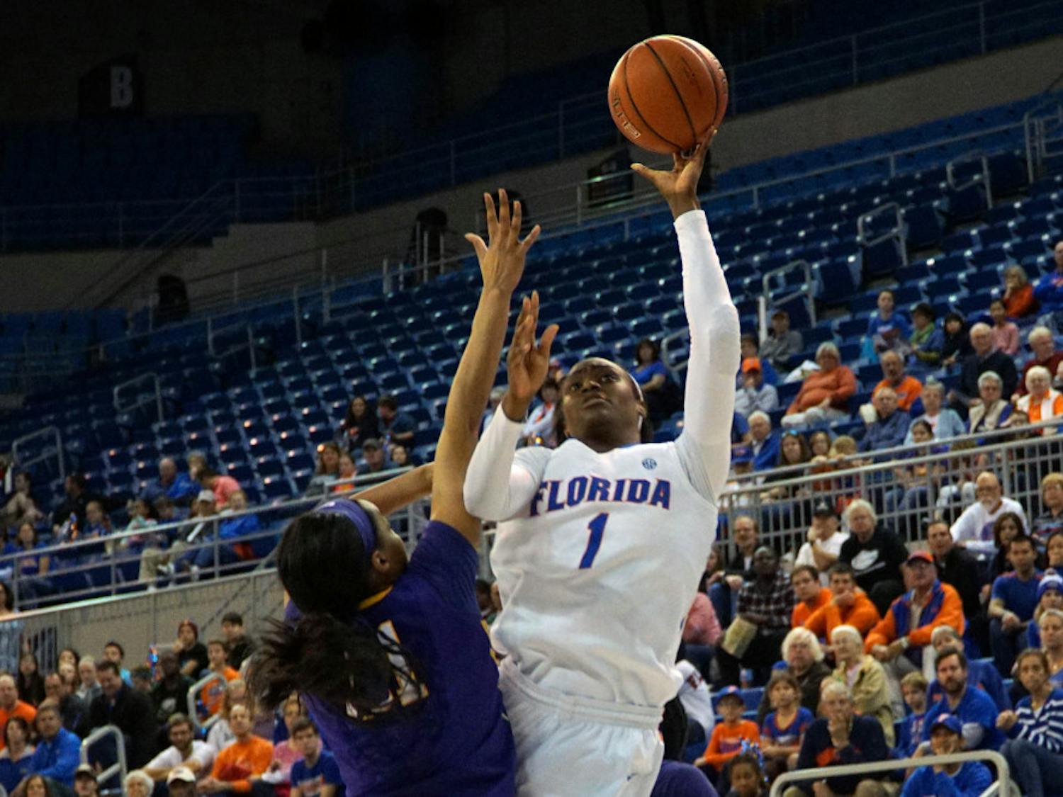 UF forward Ronni Williams goes for a layup during Florida's 53-45 win against LSU on Jan. 17, 2016, in the O'Connell Center.