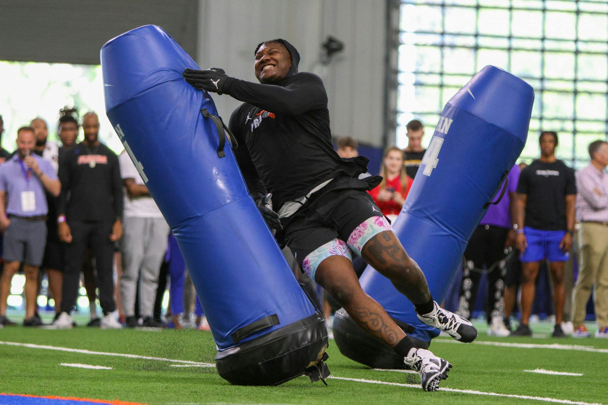 Gervon Dexter Sr. participates in defensive line drills at the Gators Pro Day Thursday, March 30, 2023.