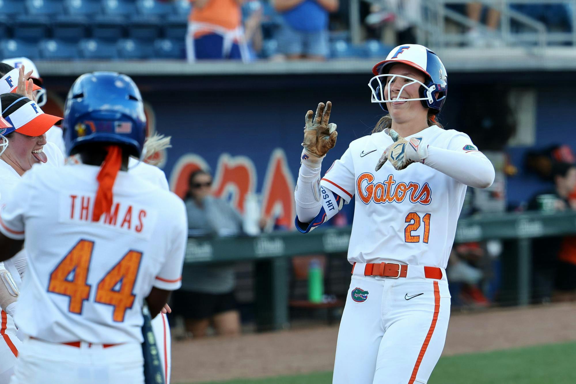Florida outfielder Taylor Shumaker (21) celebrates while approaching home plate after hitting a home run against Longwood at Katie Seashole Pressly Stadium in Gainesville, Fla., on Friday, Feb. 20, 2026.