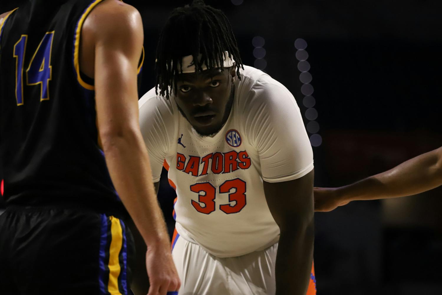 Center Jason Jitoboh catches his breath during a pre-season friendly against Embry-Riddle Nov. 1. Jitoboh scored 12 points without a miss in Florida’s loss to Ole Miss Monday night. 