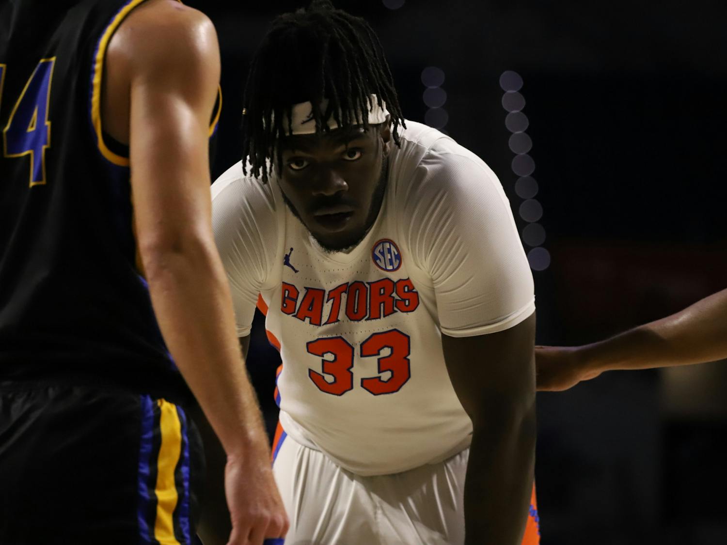 Center Jason Jitoboh catches his breath during a pre-season friendly against Embry-Riddle Nov. 1. Jitoboh scored 12 points without a miss in Florida’s loss to Ole Miss Monday night. 