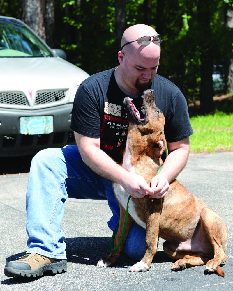 Tim Forbes, 29, puts a leash on his new dog, Graham, at the Summer Lovin’ Adoptathon on Saturday. The event found a new home for more than 180 cats and dogs.