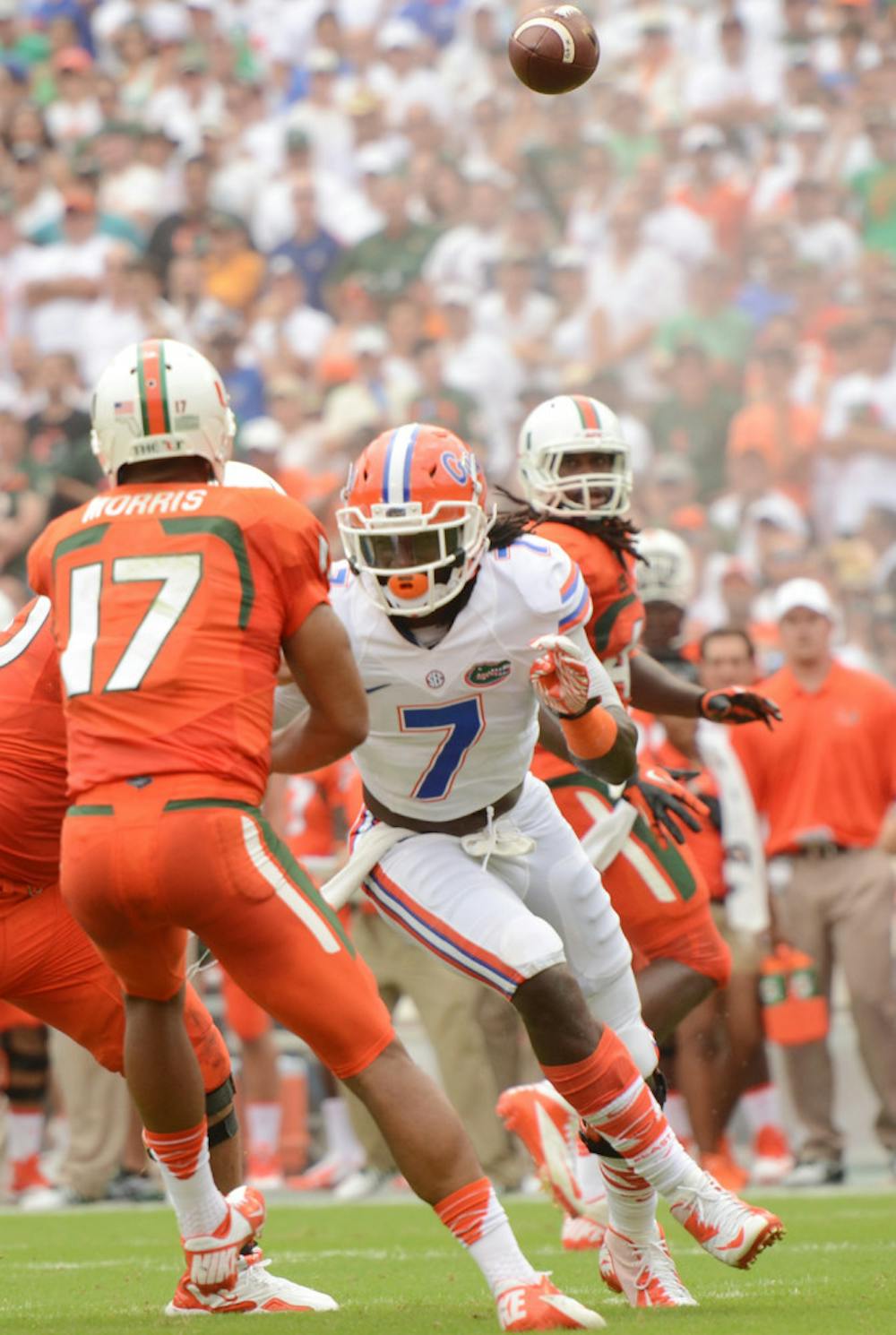 <p>Ronald Powell attempts a tackle during during Florida’s 21-16 loss to Miami on Sept. 7 in Sun Life Stadium. Powell has two sacks this season.</p>