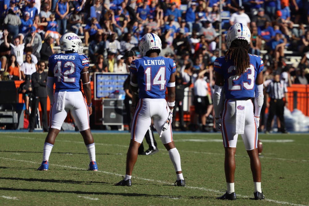<p>Quincy Lenton (14) lines up on special teams at Florida's game against Vanderbilt in 2019. Lenton was recruited to play at UF while Jim McElwain served as head coach.</p>
