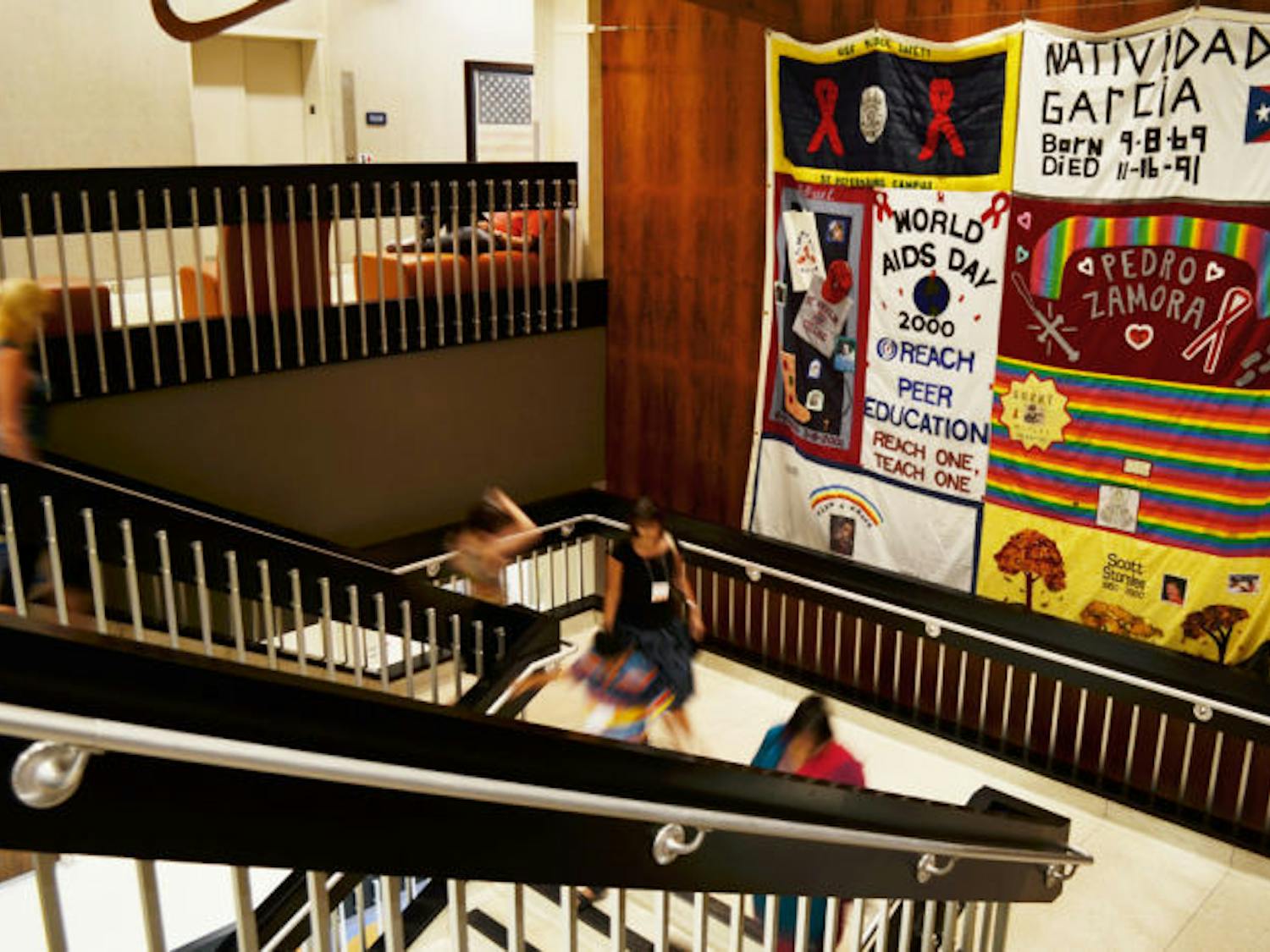A quilt hangs in the J. Wayne Reitz Union on Monday, July 1, as part of a campus-wide reading initiative, The Common Reading Program.
