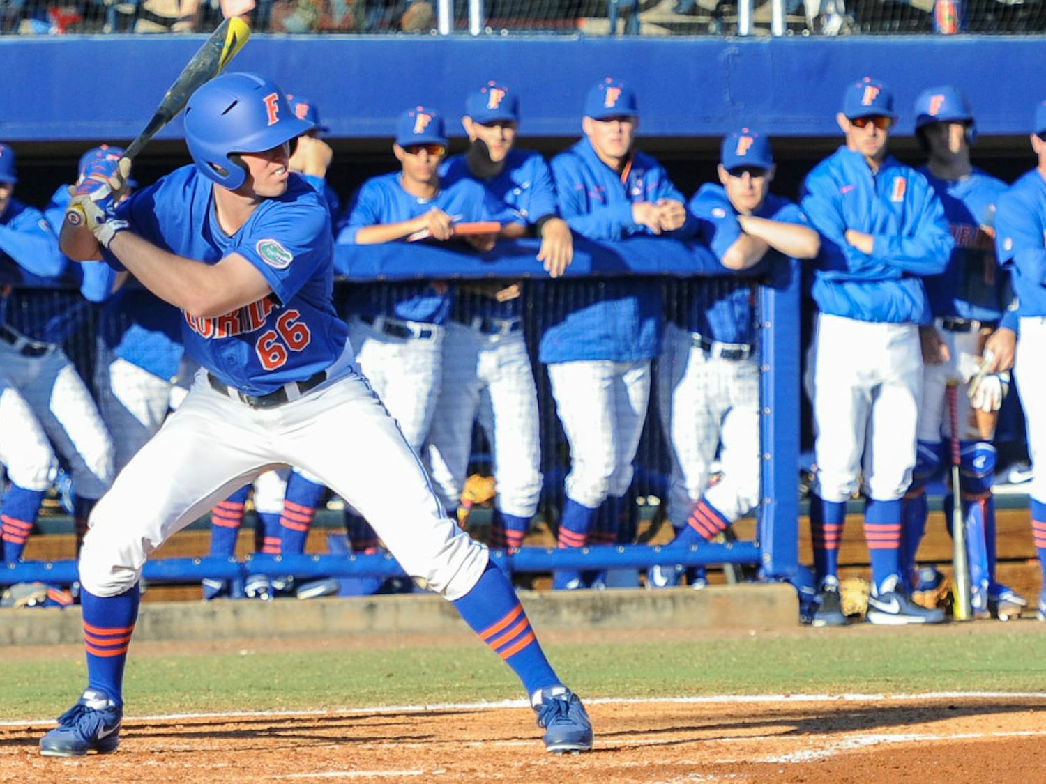 Ryan Larson stands at the plate during No. 20 Florida's 9-7 loss against Maryland on Feb. 15.