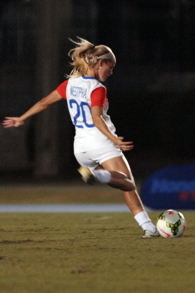Christen Westphal (20) kicks the ball during Florida's 3-1 win against Tennessee on Friday at James G. Pressly Stadium.