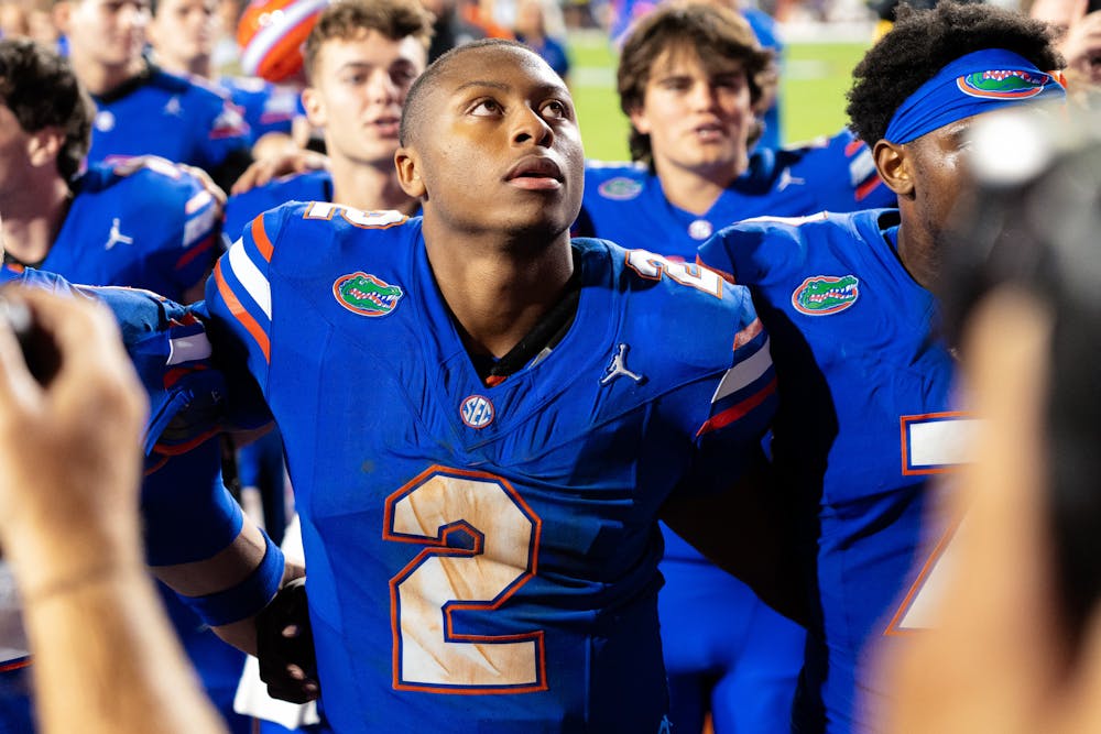 <p>Gator quarterback DJ Lagway sings We Are the Boys with his teammates following Florida’s win against LSU on Saturday, Nov. 16, 2024.</p>