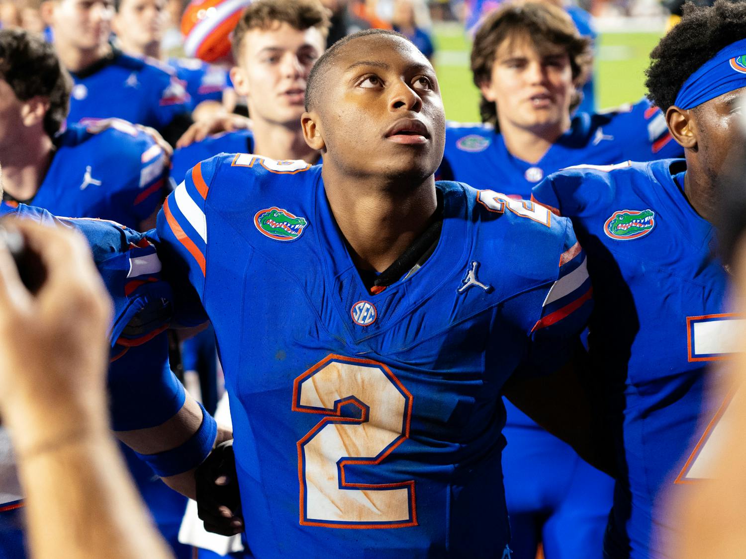 Gator quarterback DJ Lagway sings We Are the Boys with his teammates following Florida’s win against LSU on Saturday, Nov. 16, 2024.