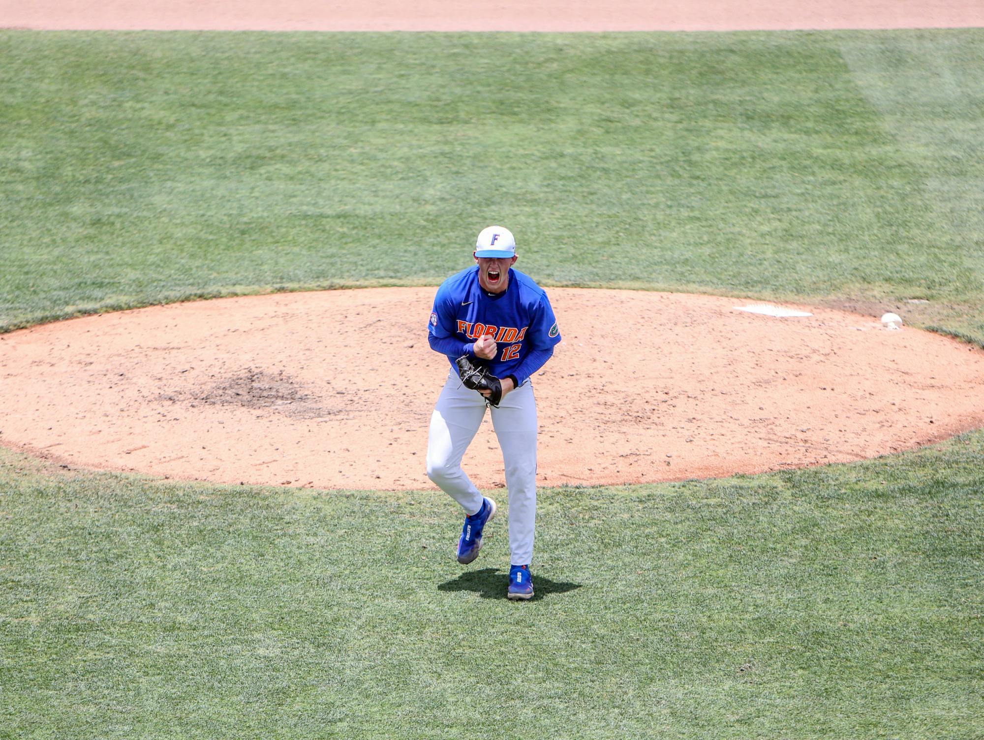 Florida pitcher Hurston Waldrep celebrates during the Gators' 8-2 win against UConn Sunday, June 4, 2023. 