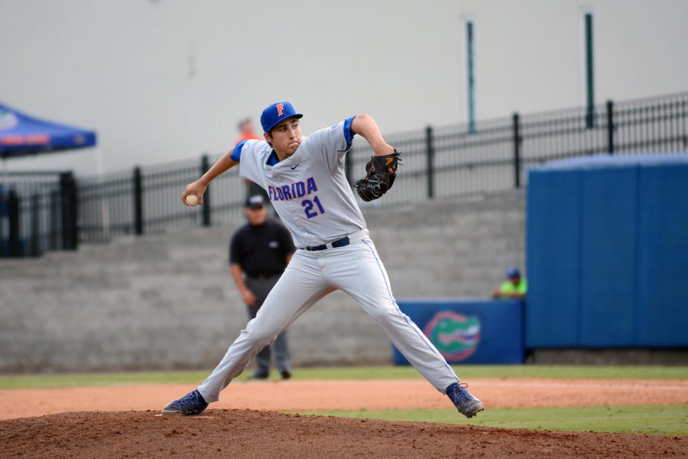 Alex Faedo pitches during Florida's 2-1 win against Florida Atlantic in the Gainesville Regional of the NCAA Tournament on May 31, 2015, at McKethan Stadium.