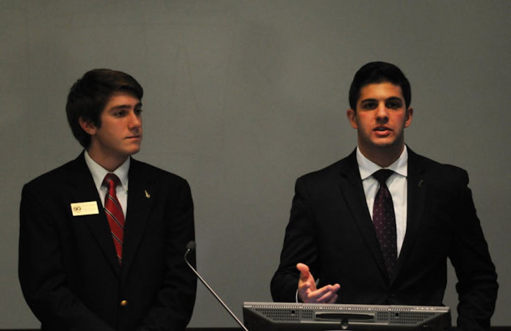 <p>Senate Pro-Tempore Elliot Grasso and Senate President Cory Yeffet unveil their legislative agenda plan at Tuesday night’s Student Senate meeting.</p>