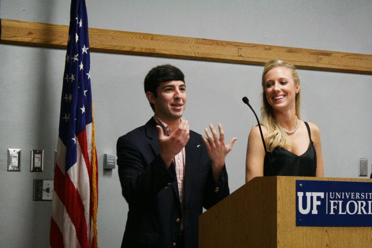Daniel Landesberg answers questions during his nomination to be Accent Speaker’s Bureau agency head. The Senate approved all 50 Student Government executive committee nominations Tuesday night.