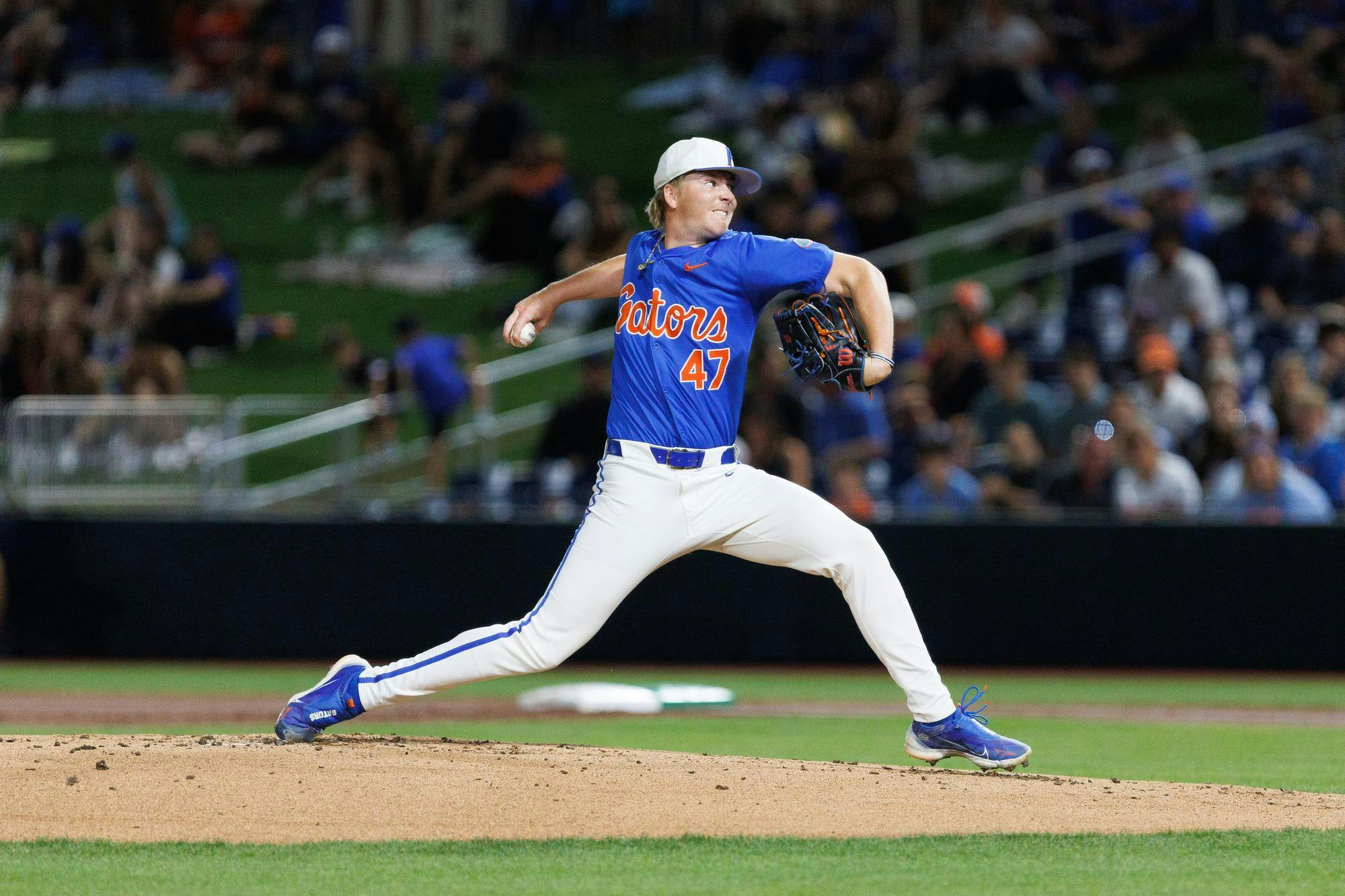 Florida Gators right handed pitcher Aidan King pitches during an NCAA Baseball game against Ole Miss, Friday, April 3, 2026, in Gainesville, Fla.