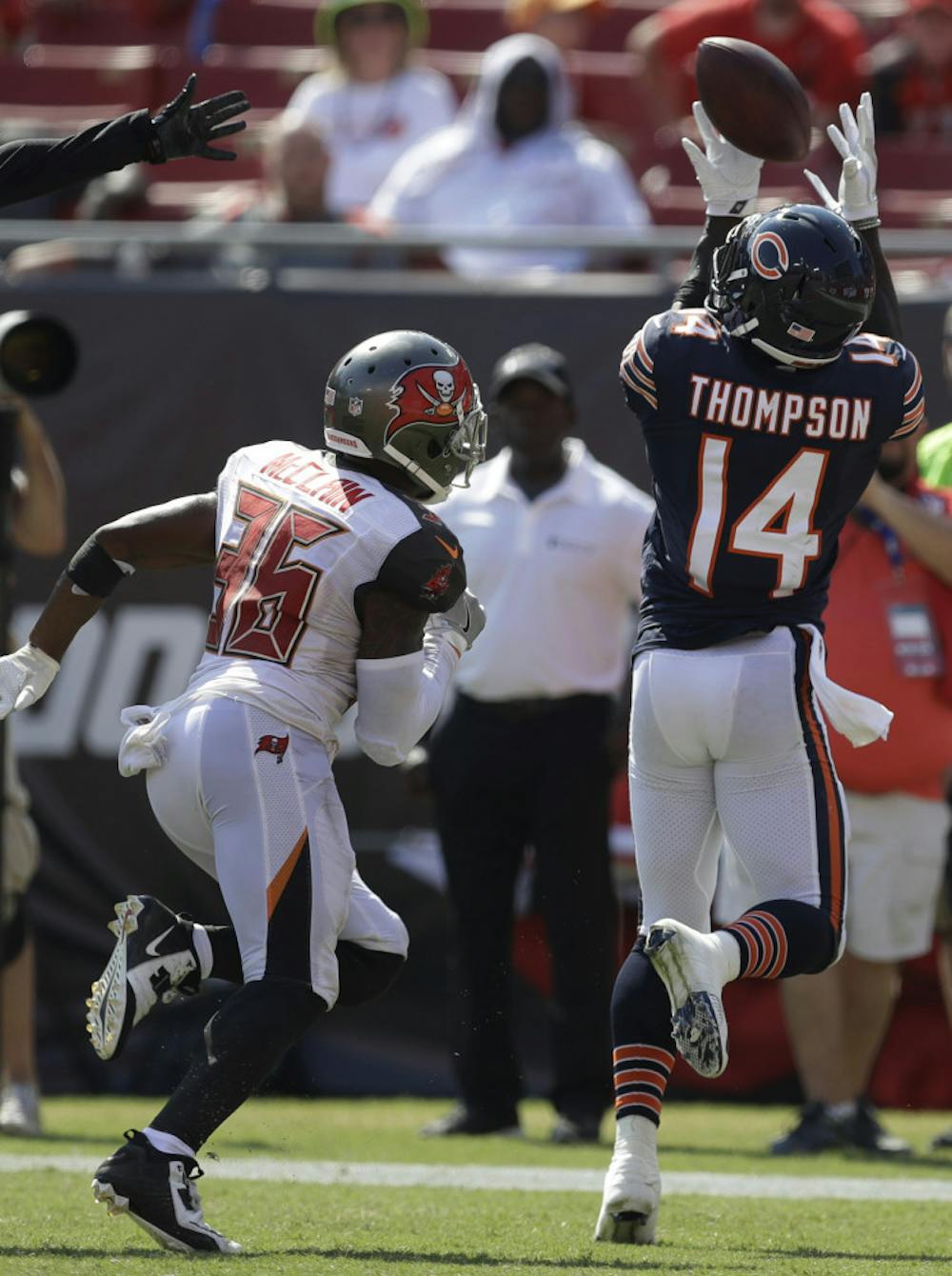 <p>Chicago Bears wide receiver Deonte Thompson (14) catches a touchdown pass ahead of Tampa Bay Buccaneers defensive back Robert McClain (36), during the second half of an NFL football game, Sunday, Sept. 17, 2017, in Tampa, Fla. The Bucs defeated the Bears 29-7. (AP Photo/Chris O'Meara)</p>