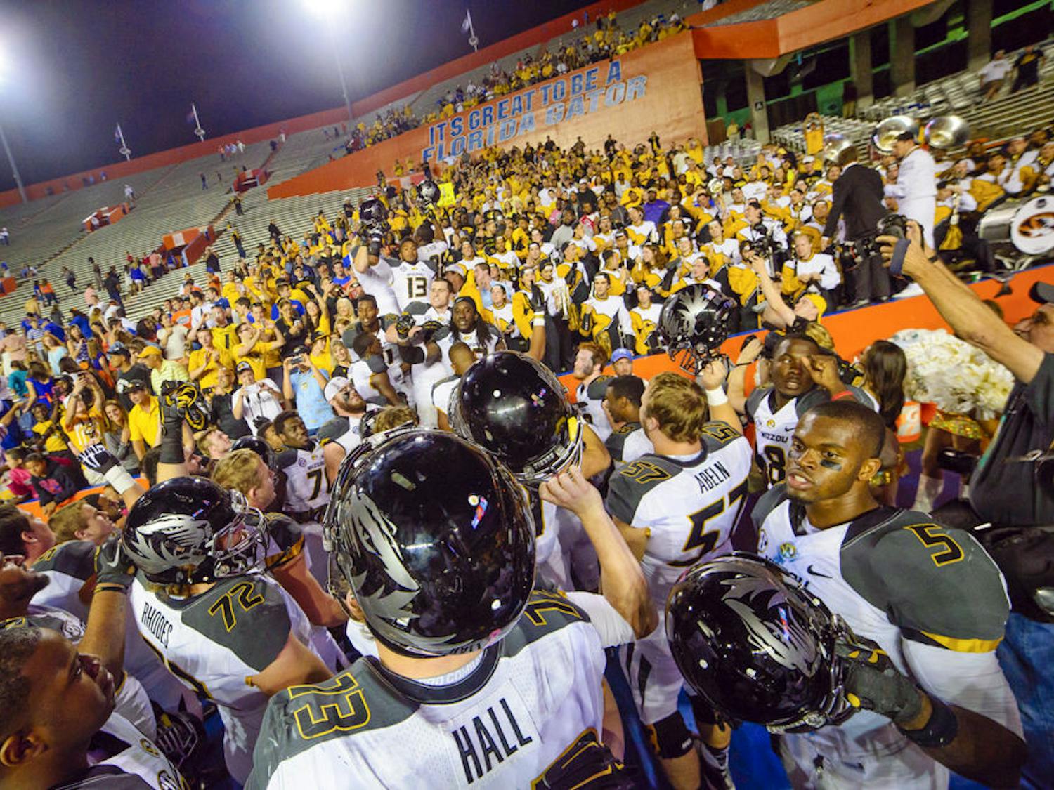 Missouri players celebrate after their 42-13 win against Florida on Oct. 18, 2014, at Ben Hill Griffin Stadium.