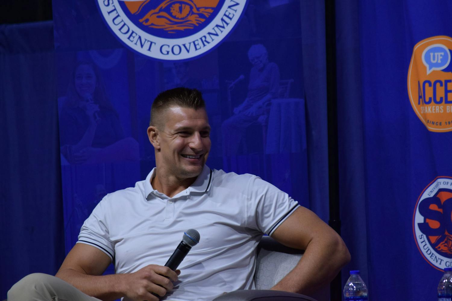 Former National Football League tight end Rob Gronkowski speaks at UF's final ACCENT Speaker Bureau show of the Spring semester Tuesday, April 25, 2023. 