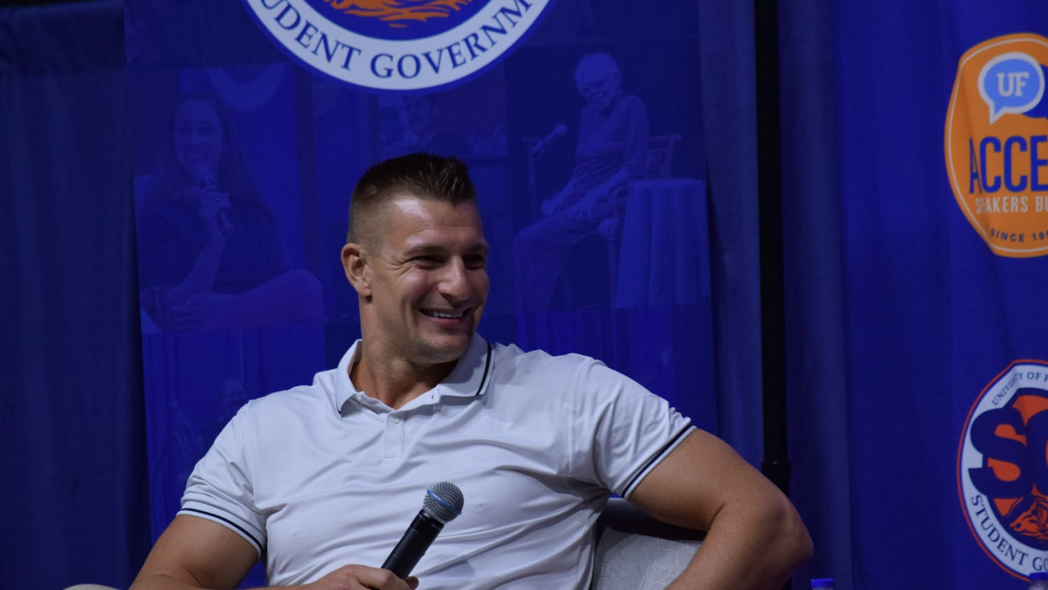 Former National Football League tight end Rob Gronkowski speaks at UF's final ACCENT Speaker Bureau show of the Spring semester Tuesday, April 25, 2023.