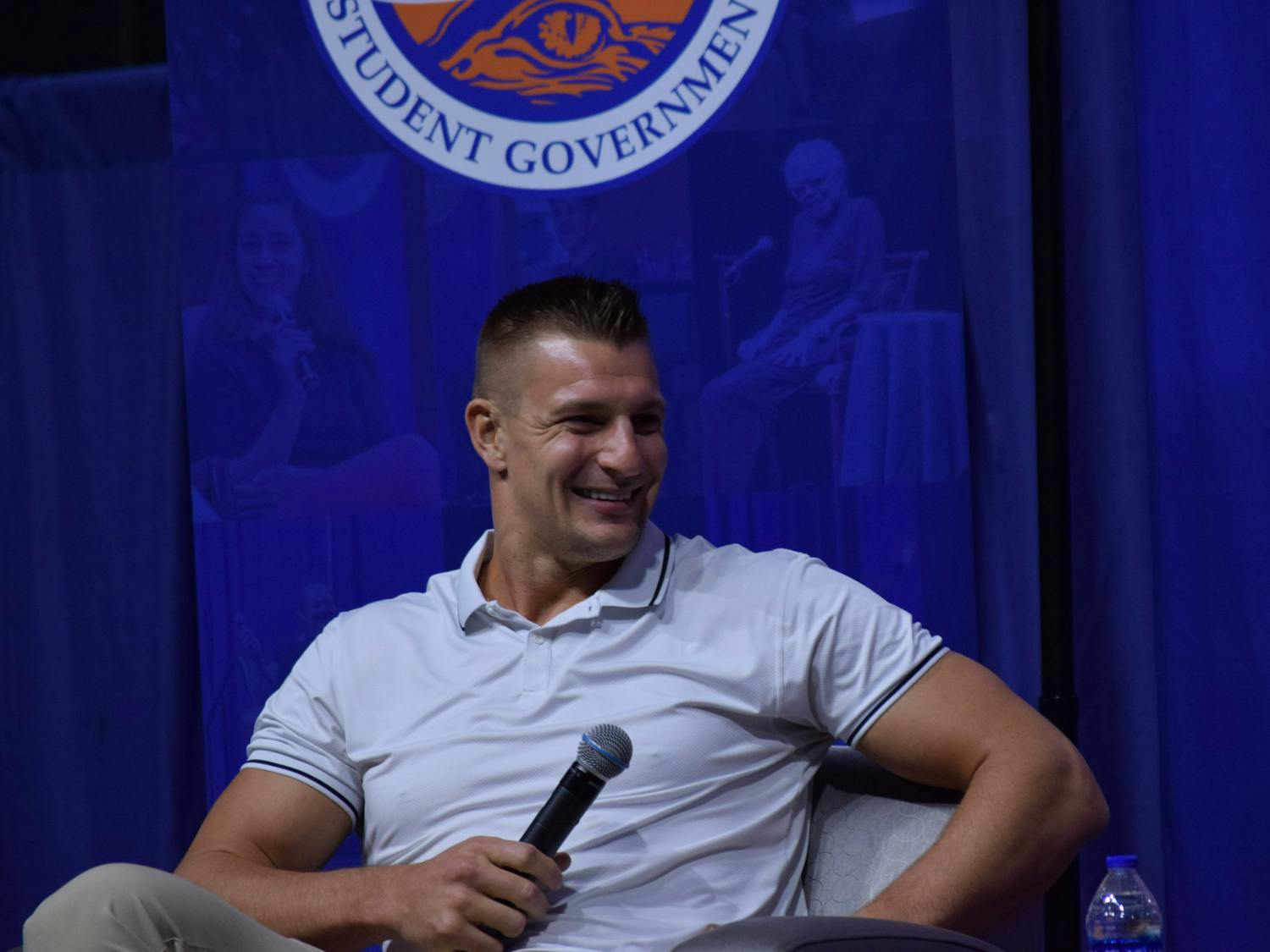 Former National Football League tight end Rob Gronkowski speaks at UF's final ACCENT Speaker Bureau show of the Spring semester Tuesday, April 25, 2023.