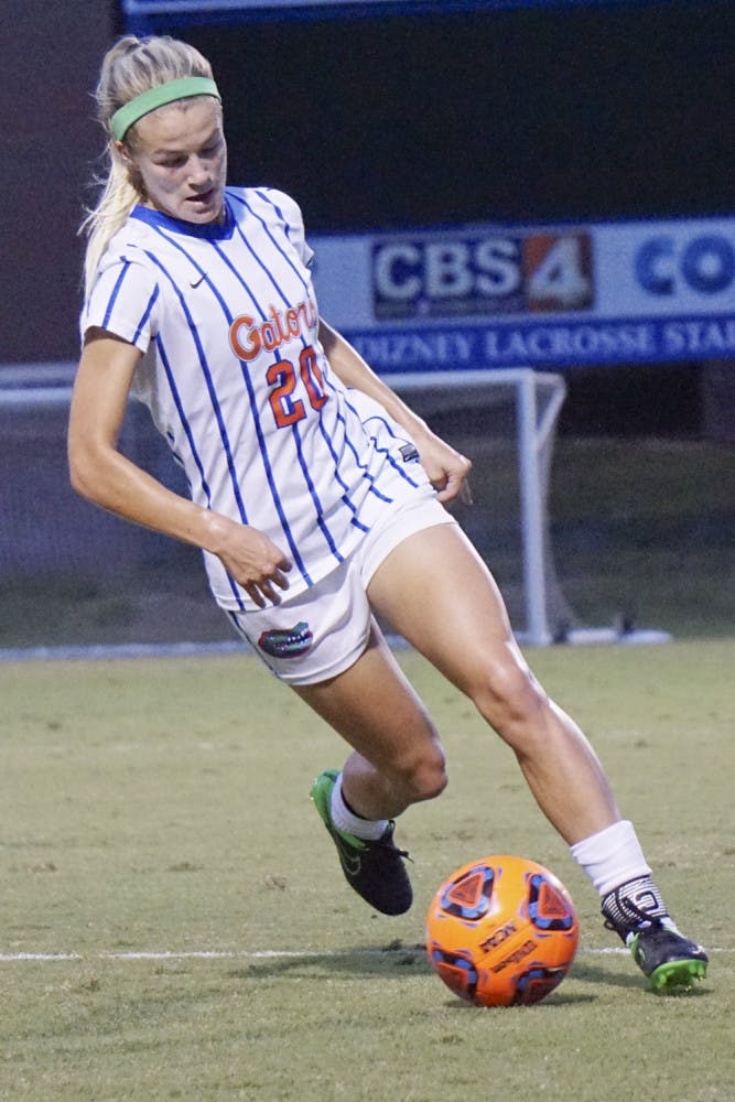 UF defender Christen Westphal dribbles during Florida's 4-0 win against Arkansas on Oct. 25, 2015, at Donald R. Dizney Stadium.