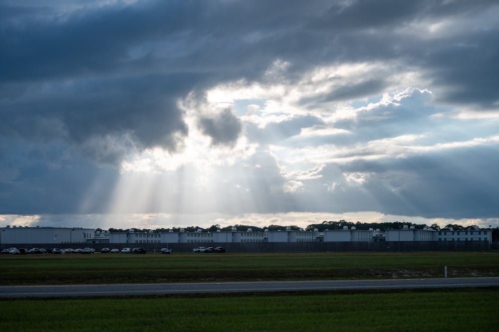 The weather clears up over Florida State Prison as seen from the protest of the execution of Victor Tony Jones. Jones was executed in Starke on Sept. 30, 2025.