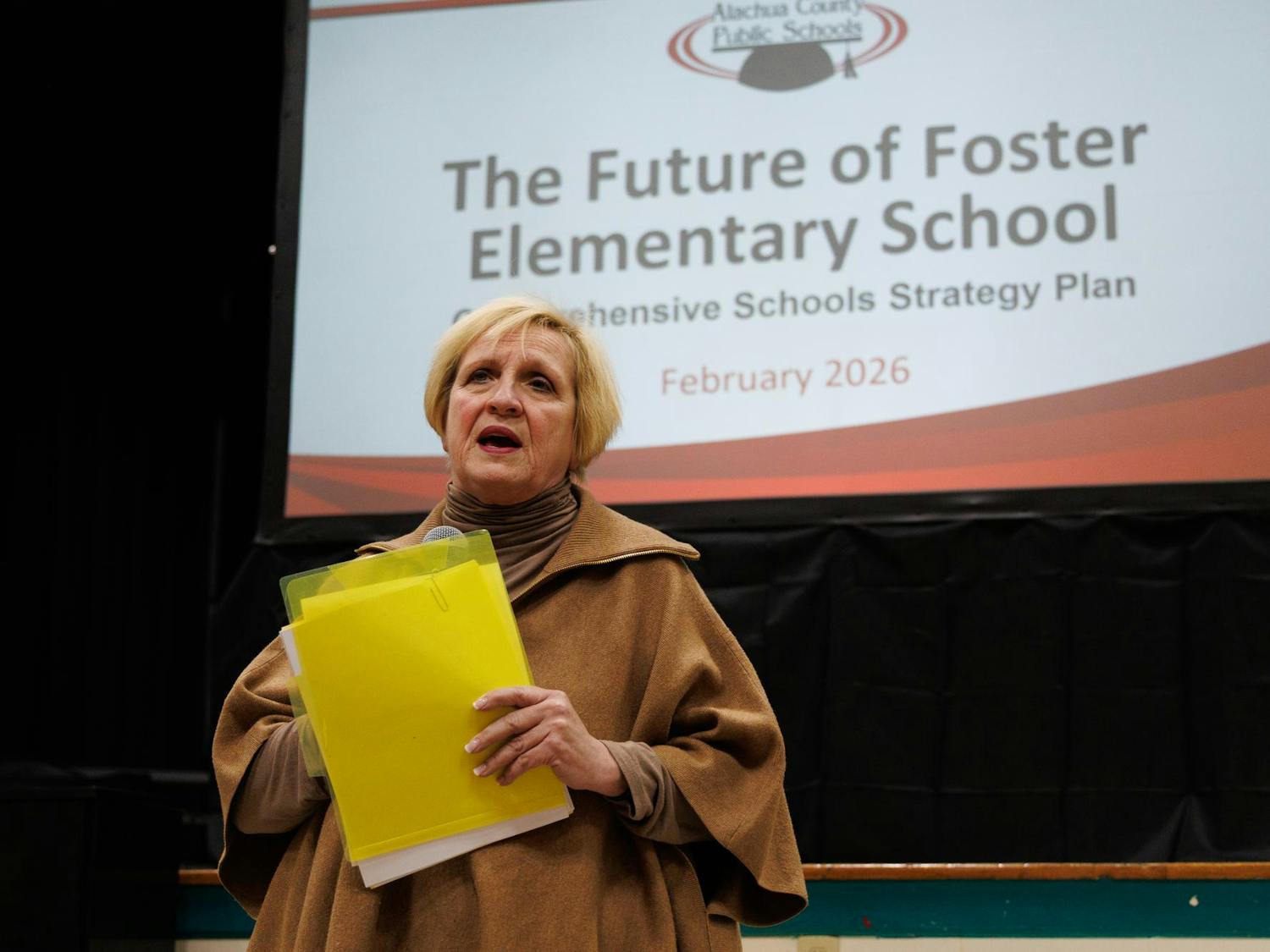 Alachua County Superintendent Kamela Patton speaks at a community rezoning feedback meeting at Stephen Foster Elementary School, which is being considered for closure across all three rezoning map drafts, in Gainesville, Fla., Wednesday, Feb. 25, 2026.