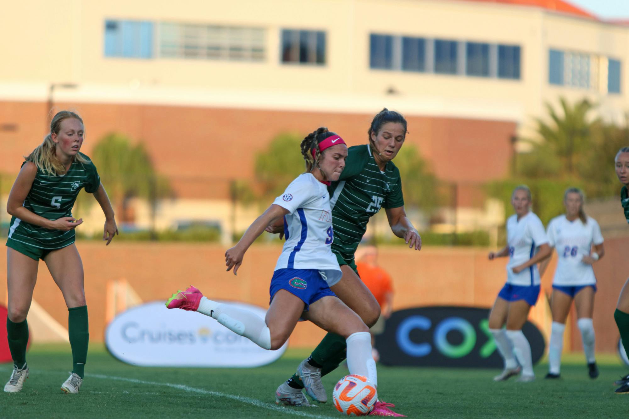 Senior midfielder Julianne Leskauskas attempts a shot in the Gators' 8-0 victory against the Stetson Hatters Sunday, Aug. 27, 2023. 