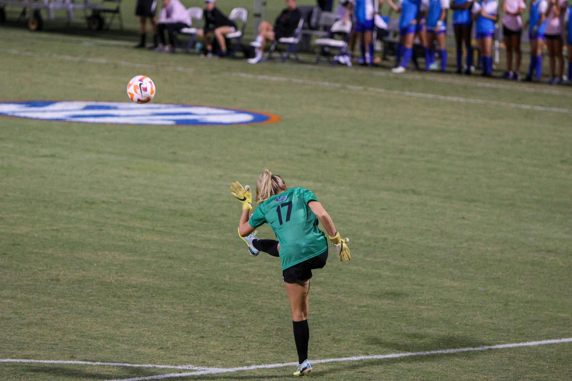 Florida goalkeeper Francesca Faraci, who made her first UF start Thursday night against Texas A&M, sends of a goal kick during the Gators' game against Arkansas Thursday, Oct. 6, 2022. 