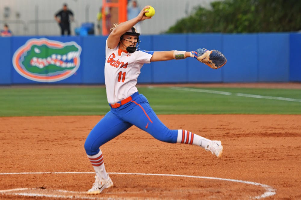 <p>UF pitcher Kelly Barnhill pitches during Florida’s 3-0 loss against Alabama in game one of the NCAA Super Regional on May 25, 2017, at Katie Seashole Pressly Stadium.</p>