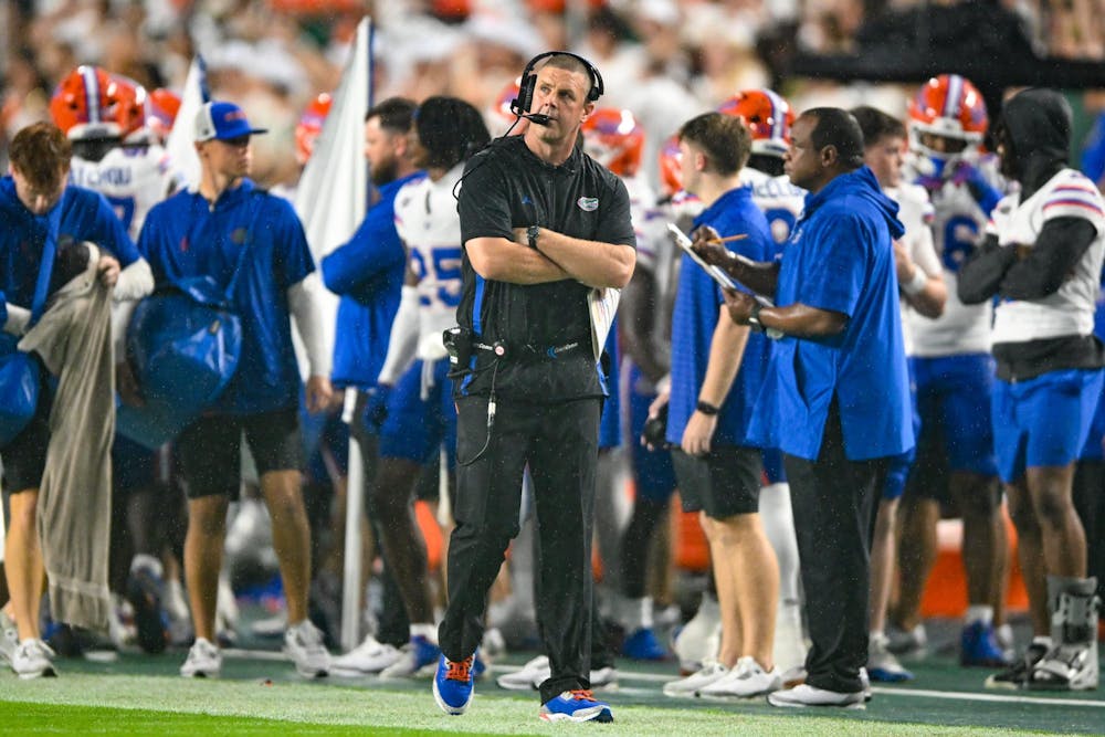 Florida Gators head coach Billy Napier during a football game between the Miami Hurricanes and the Florida Gators on Sept. 20, 2025, at Hard Rock Stadium in Miami Gardens, Fla.