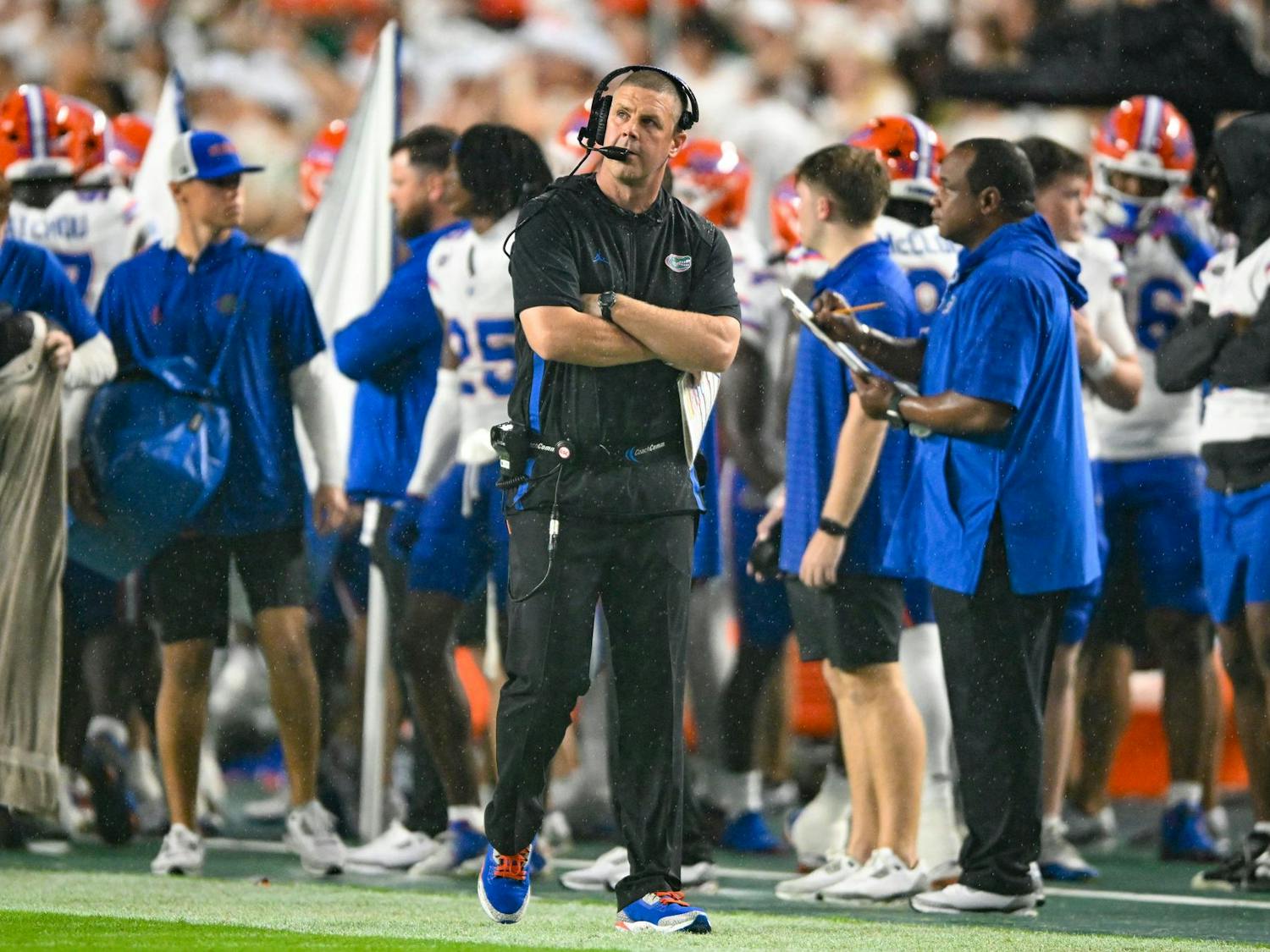 Florida Gators head coach Billy Napier during a football game between the Miami Hurricanes and the Florida Gators on Sept. 20, 2025, at Hard Rock Stadium in Miami Gardens, Fla.