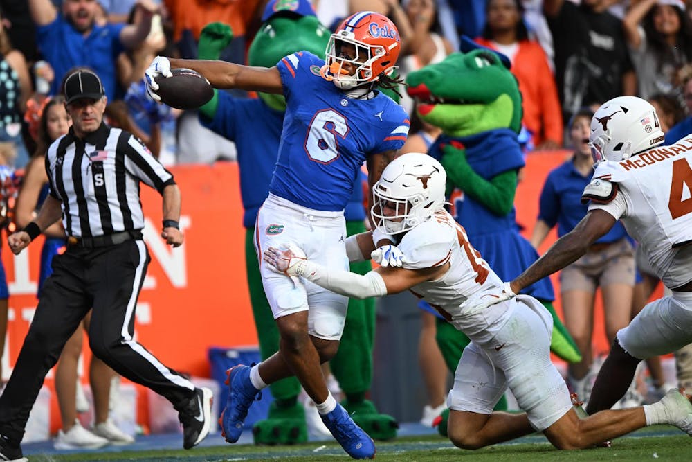 <p>Florida Gators wide receiver Dallas Wilson (6) reaches into the end zone to score during a football game between the Texas Longhorns and the Florida Gators on Saturday, Oct. 4, 2025, at Ben Hill Griffin Stadium in Gainesville, Fla.</p>