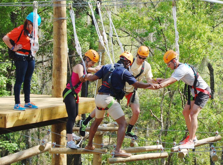 A group makes its way across the top level of the new UF Outdoor Team Challenge Courses at Lake Wauburg on Friday. About 20 people strapped on harnesses to climb to the top and zip line to the bottom.&nbsp;
