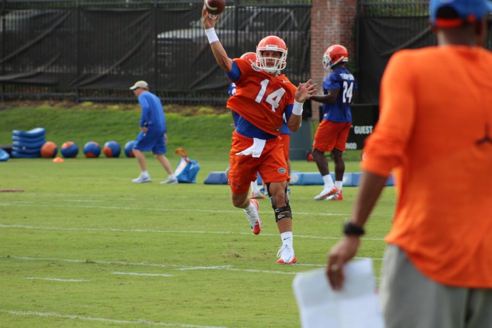 After Luke Del Rio (pictured) went 5-1 as Florida's starter in 2016, he's battling to keep his starting job against redshirt freshman Feleipe Franks and Notre Dame transfer Malik Zaire.