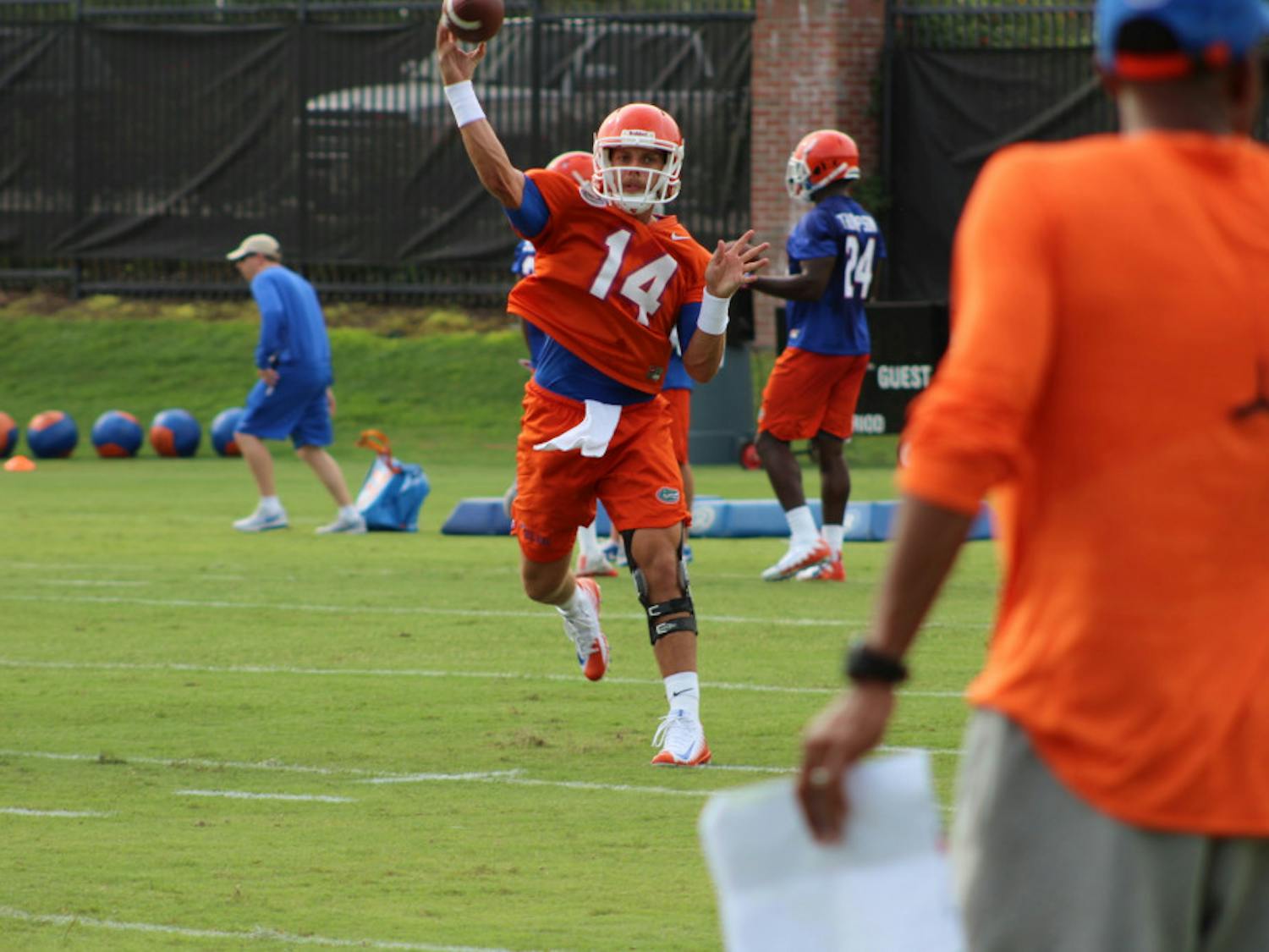 After Luke Del Rio (pictured) went 5-1 as Florida's starter in 2016, he's battling to keep his starting job against redshirt freshman Feleipe Franks and Notre Dame transfer Malik Zaire.