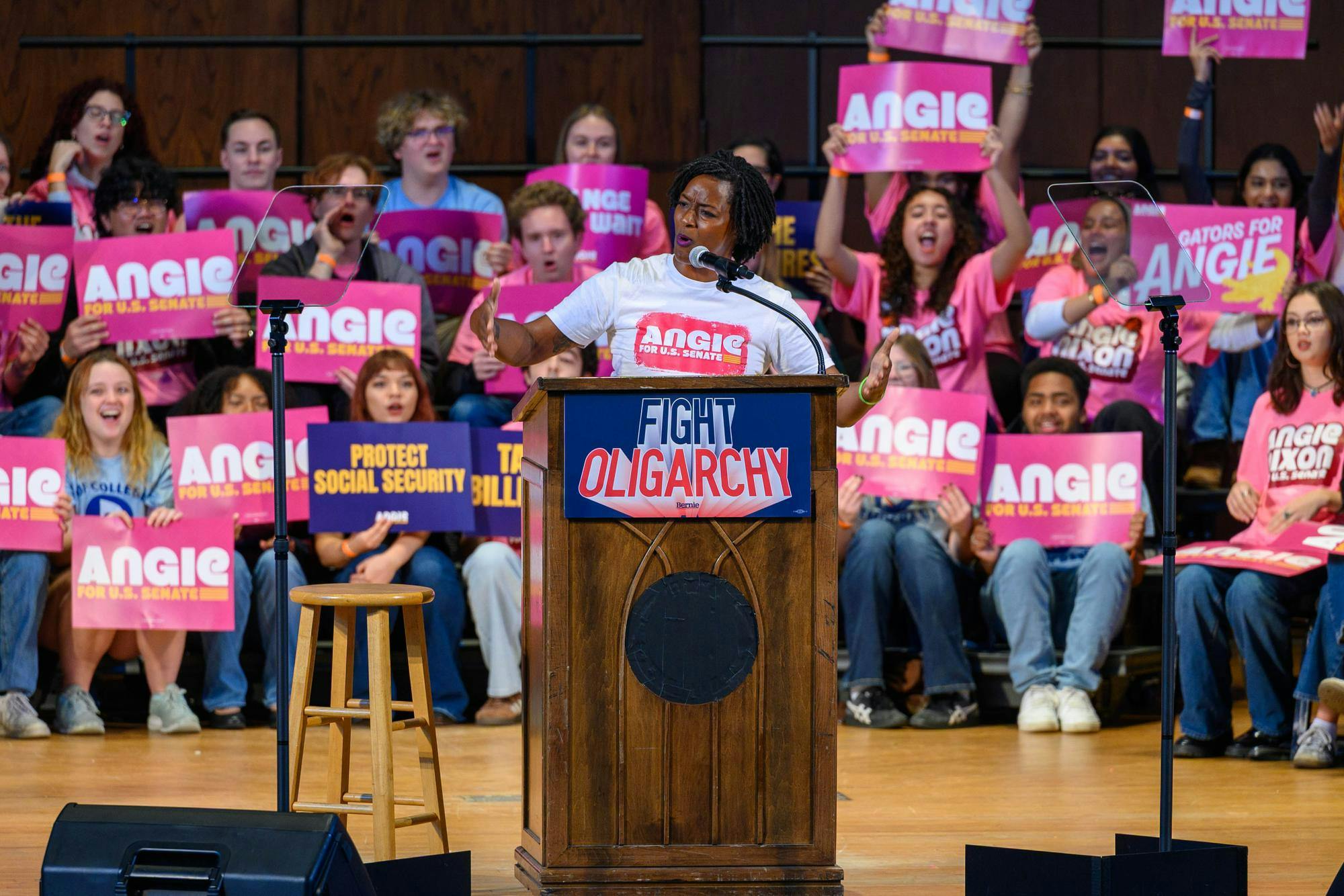 Angie Nixon speaks to attendees at a rally in UF’s University Auditorium, Sunday, Oct. 18, 2026, in Gainesville, Fla.