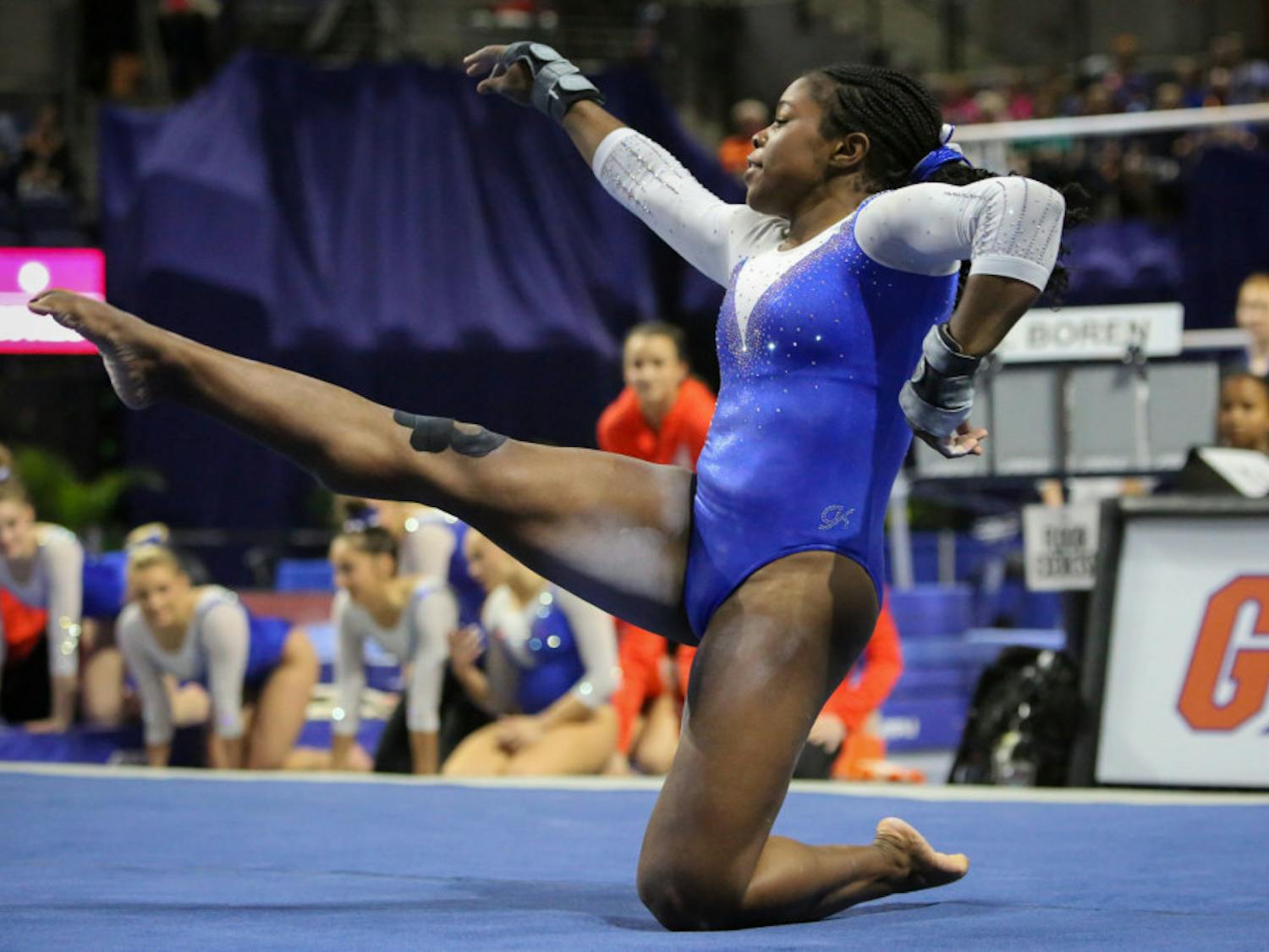 UF senior Alicia Boren notched a meet-high 9.925 on her floor routine Friday to help the No. 3 Gators defeat Missouri 197.300-196.450 in their season opener.