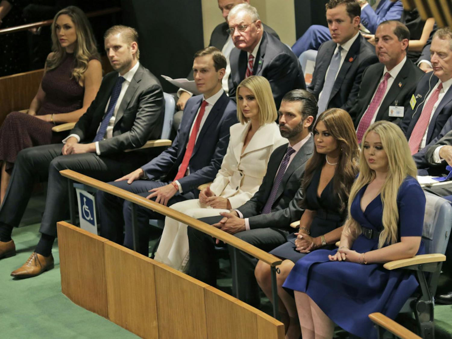 Members of U.S. President Donald Trump's family and others listen to him speak during the 74th session of the United Nations General Assembly at U.N. headquarters Tuesday, Sept. 24, 2019. From right to left, Tiffany Trump, Kimberly Guilfoyle, Donald Trump Jr., Ivanka Trump, Jared Kushner, Eric Trump and Lara Trump. (AP Photo/Seth Wenig)