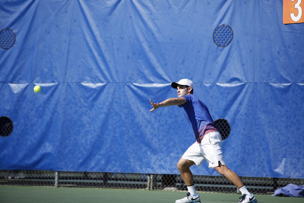 <p class="cutlineGeneral">Elliott Orkin prepares to hit a forehand during Florida’s 4-2 win against UCLA on Feb. 5, 2017, at the Ring Tennis Complex.</p>