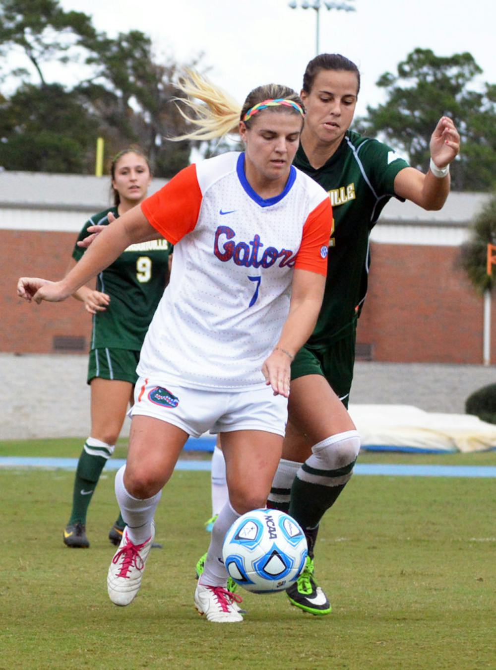 <p>Savannah Jordan dribbles the ball during Florida’s 2-0 win against Jacksonville on Nov. 16 in Gainesville.</p>