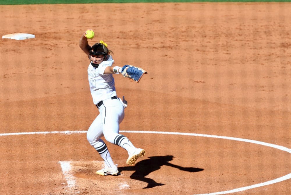 UF pitcher Kelly Barnhill pitches during Florida's 5-0 win against Georgia on April 8, 2017, at Katie Seashole Pressly Stadium.