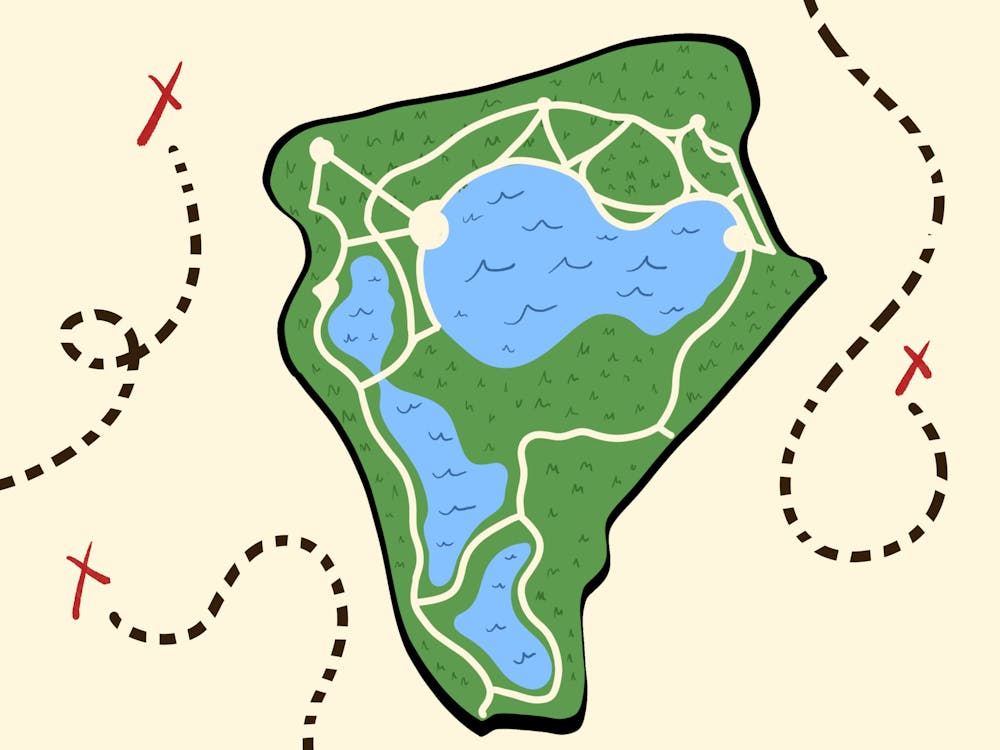 Illustrated treasure map of Depot Park. This graphic showcases a stylized map featuring Depot Park with winding paths, bodies of water, and green spaces.