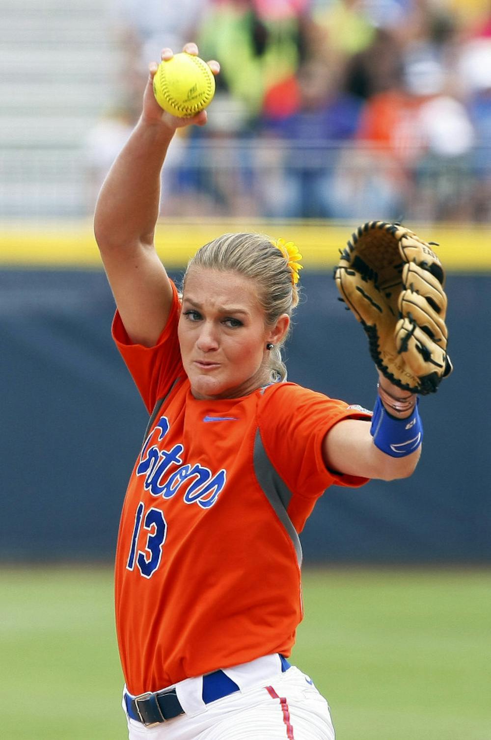 <p>Senior Hannah Rogers, who is second on UF’s all-time win list, pitches against Baylor during the Gators 6-3 victory in the WCWS tournament in Oklahoma City on Sunday. </p>