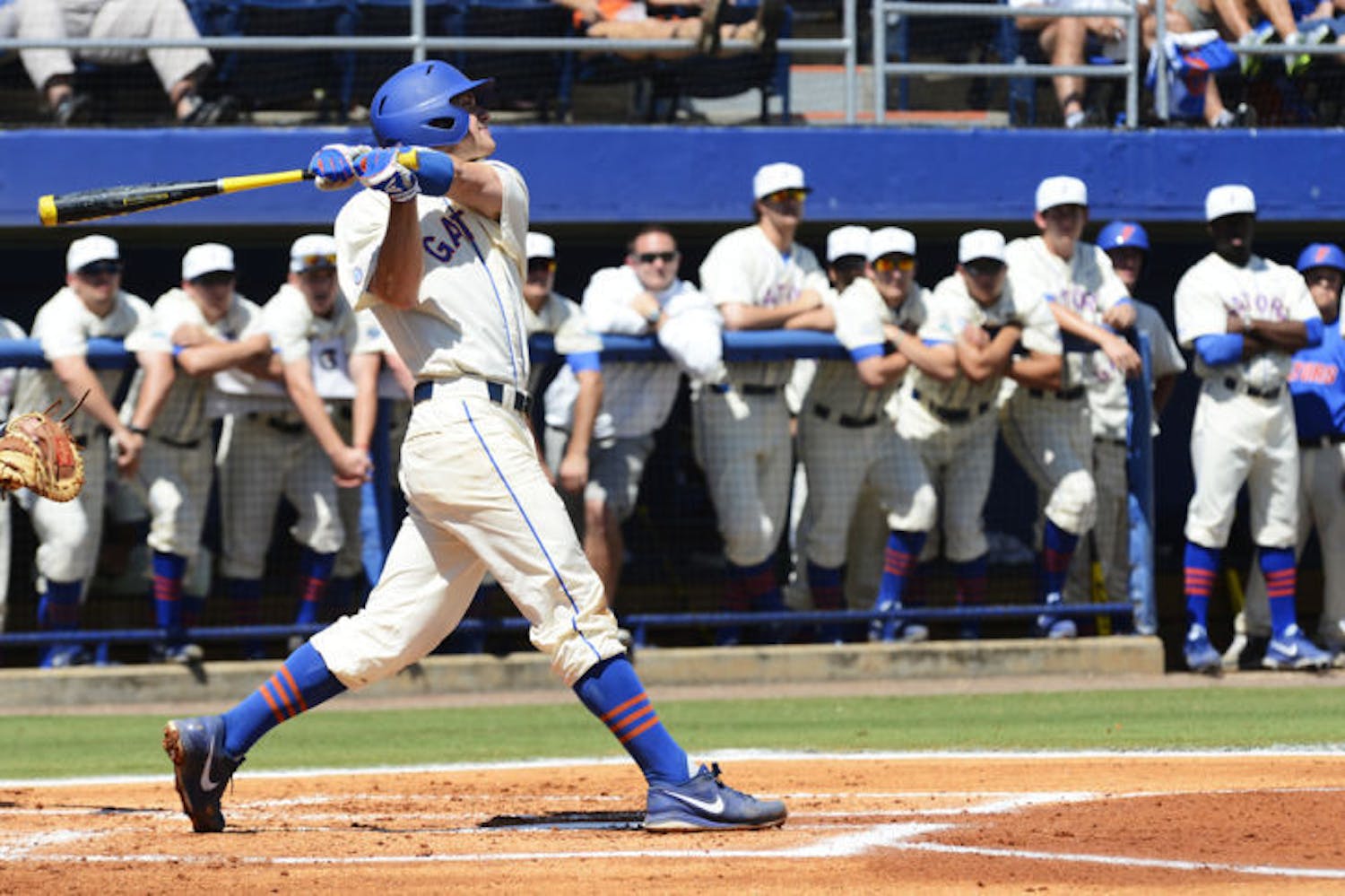 Sophomore catcher Taylor Gushue swings Florida’s 14-5 win against South Carolina on April 12 at McKethan Stadium. Gushue leads the Gators with 30 RBI.
